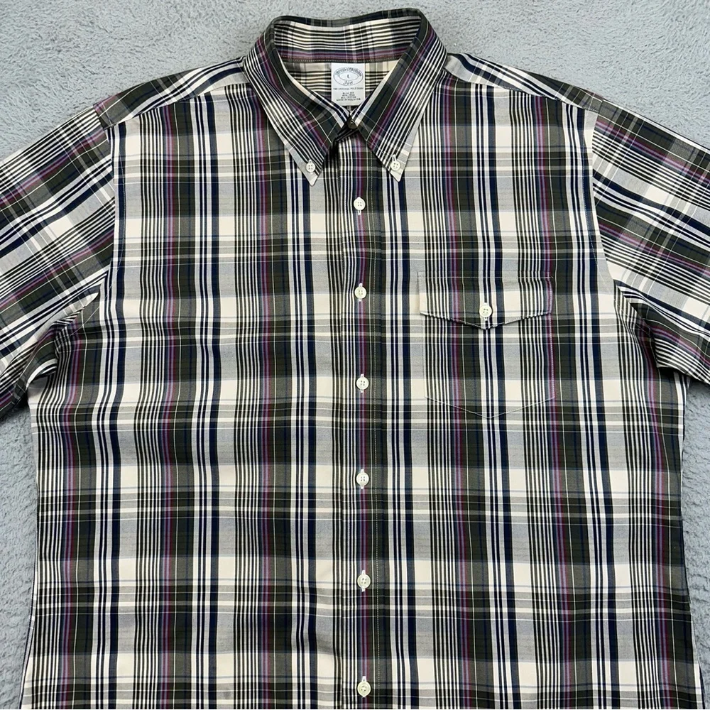 Brooks Brother 346 Shirt Mens Large Gray Plaid Button Up Slim Fit Office Wedding
